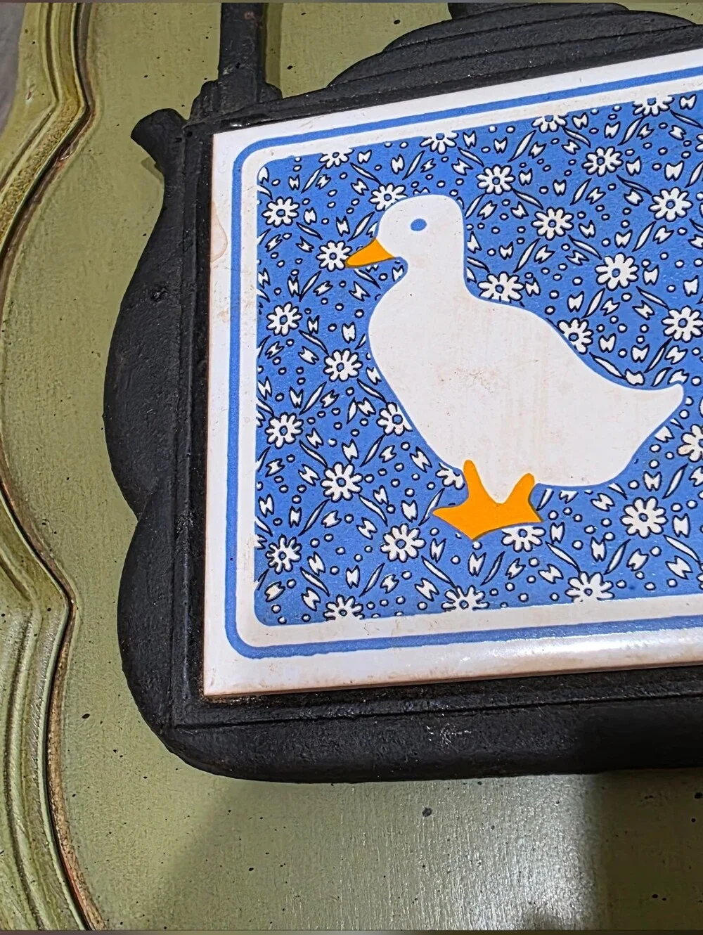 Vintage Cast Iron Decorative Black Bird Teapot Wall Plaque with Blue Duck Tile